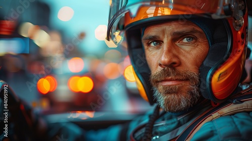 Man With Helmet Driving Car Portrait Close Up
