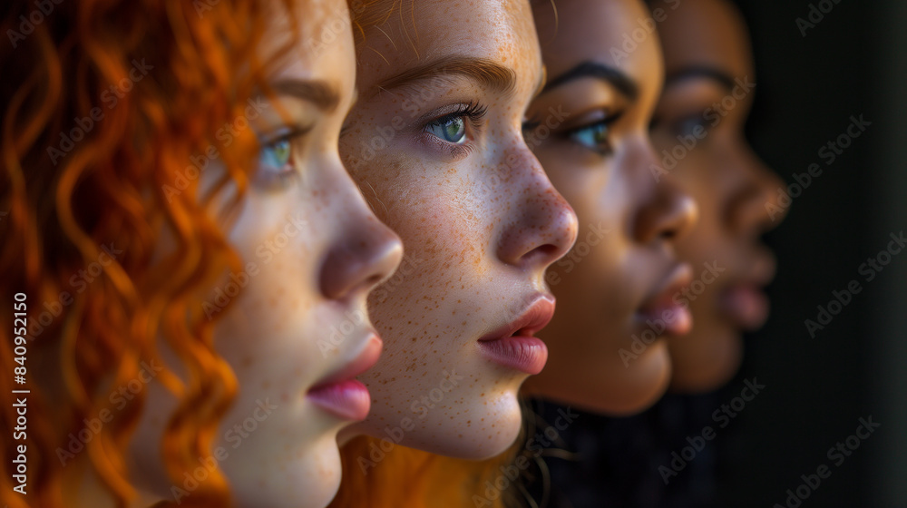 Four young women with different skin tones and hair colors posing in profile Four young women with different skin tones and hair colors posing in profile