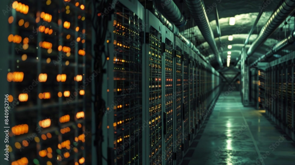 Endless rows of servers lined up in a dark cool room tirelessly working to extract value from virtual currency. Endless rows of servers lined up in a dark cool room tirelessly working to extract value from virtual currency.