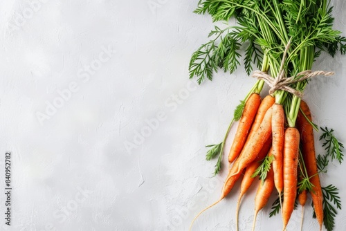 Carrots are arranged in a bundle and tied up with string on a white surface