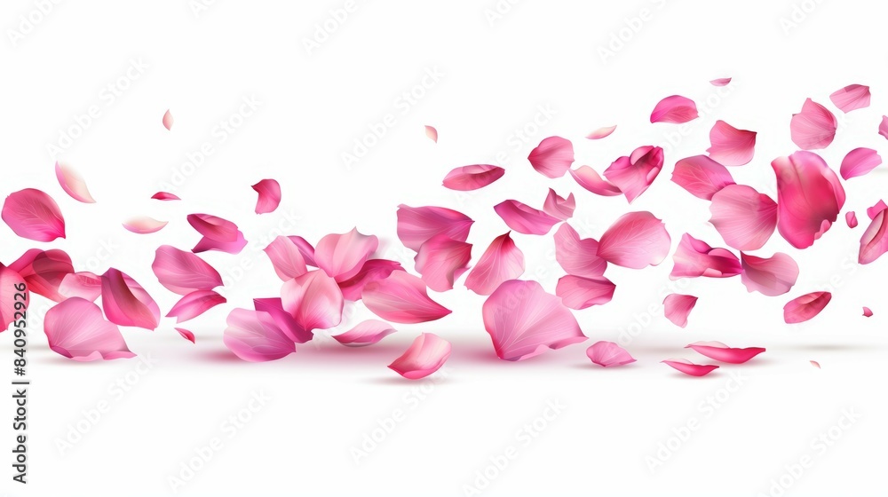 Pink flower petals are scattered in the air, creating a sense of movement, rose Pink flower petals are scattered in the air, creating a sense of movement, rose