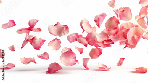 Pink flower petals are falling from the sky, creating a sense of beauty, rose