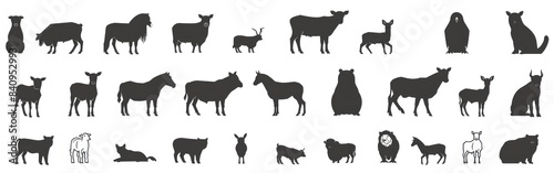 Farm Animal Vector Set - Collection of Black Silhouettes Isolated on White Background