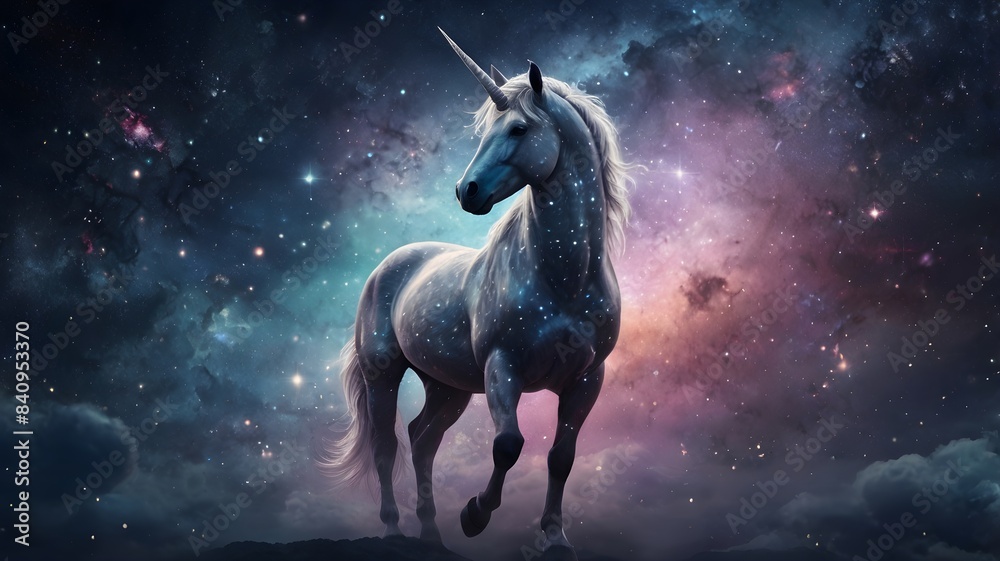 Obraz premium a majestic white unicorn in a cosmic setting, unicorn, space, galaxy, fantasy, magical, cosmic, stars, nebula, mythology, legendary creature, surreal, surreal, dreamlike, mystical, celestial, ethereal