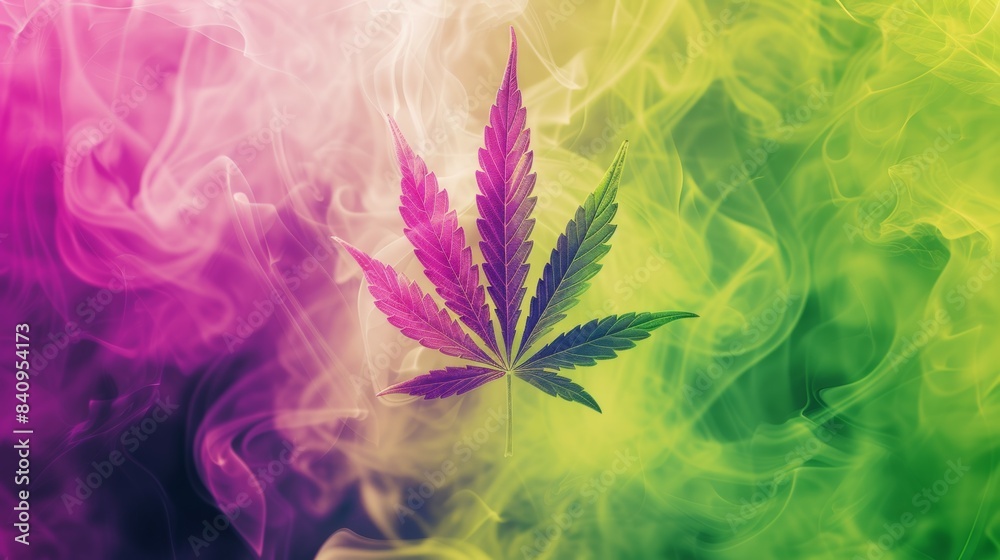 A colorful poster of a marijuana leaf with smoke in the background, hemp or cannabis medical CBD concept A colorful poster of a marijuana leaf with smoke in the background, hemp or cannabis medical CBD concept