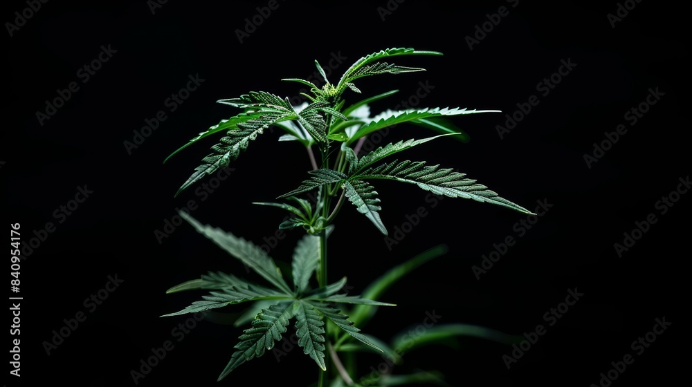 A plant with green leaves and a dark background, hemp or cannabis medical CBD concept A plant with green leaves and a dark background, hemp or cannabis medical CBD concept