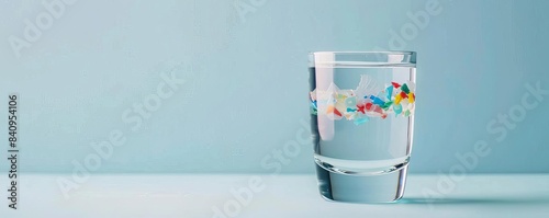 Microplastics in a glass of water, minimalist style, clean lines, high detail