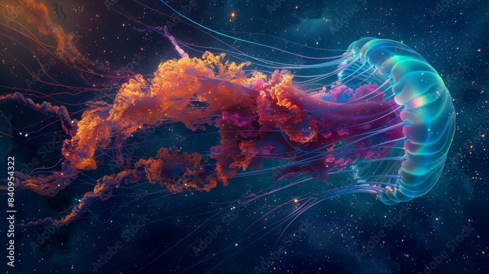 A colorful jellyfish is floating in space A colorful jellyfish is floating in space