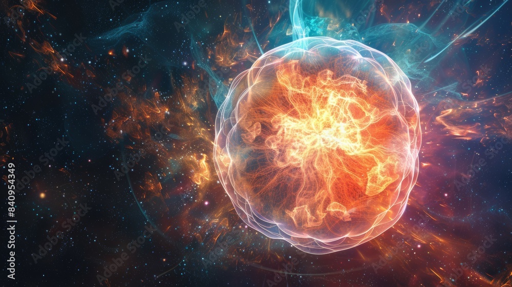 A colorful, glowing ball in space with a blue and orange background