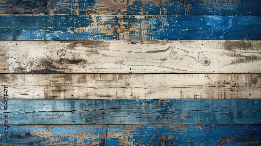 Fototapeta premium Blue and white flag on a background of worn oak floorboards