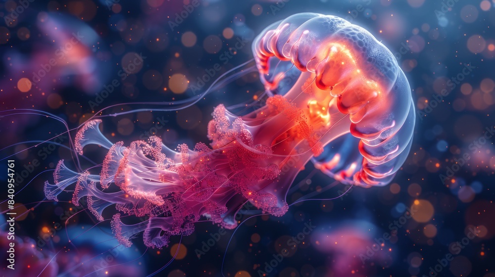 A jellyfish with red and orange tentacles is floating in the water A jellyfish with red and orange tentacles is floating in the water