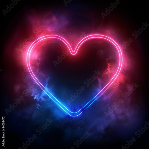 Glowing Neon Heart with Pink and Blue Light on Dark Smoky Background 