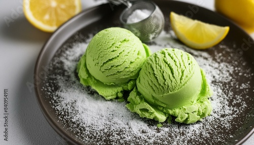 matcha tea ice cream with a scoop of powdered sugar and lemon, close-up, top view cooking dessert  healthy vegan food © Wonderful Life 