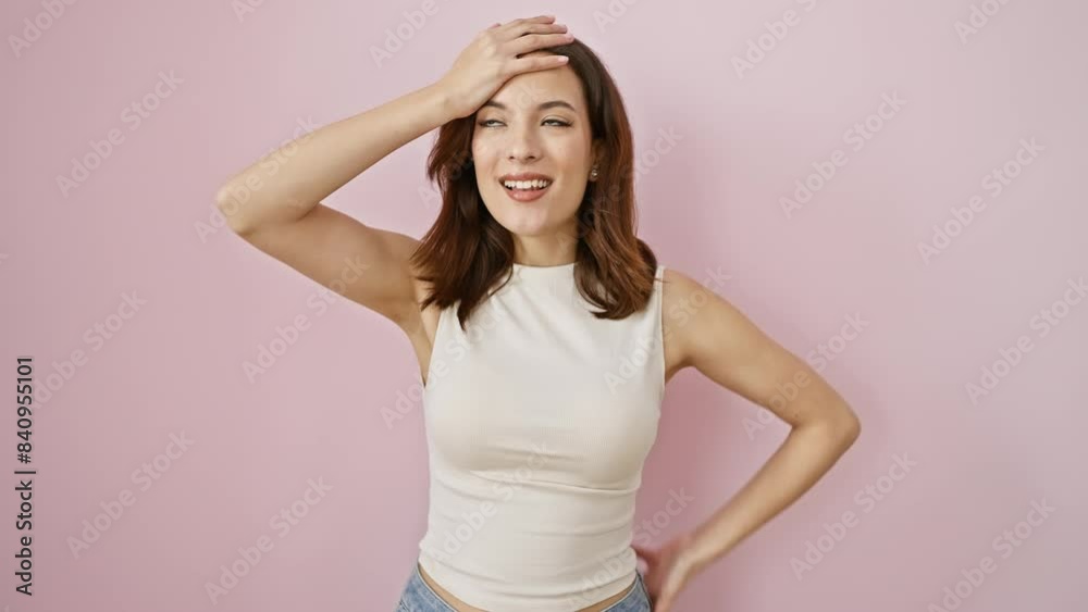 Oops! young, beautiful hispanic woman in sleeveless t-shirt, hand-on-head, realising her regretful mistake. stressed, confused, she's forgot something. over vibrant, isolated pink background.