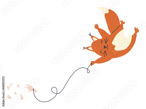 Red baby rodent animal flying with balloons. Fluffy squirrel cartoon character. Nordic childish graphic print design. Funny wild creature. Nursery hand drawn flat vector illustration isolated on white