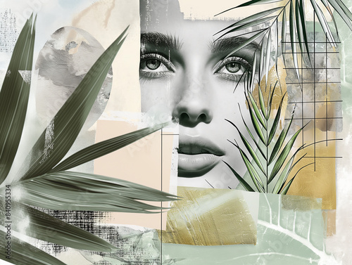 Collage of Skincare Terminology, Lotion and Oil Swatches, Palm Leaves, Skin Textures, Drawn and Photorealistic Images, Grey and Green Tones, Rustic and Crisp, Perfect for Magazine Cover