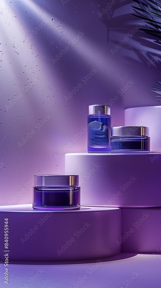 High Definition Skincare Products on Podium with Dramatic Purple Light Effect High Definition Skincare Products on Podium with Dramatic Purple Light Effect