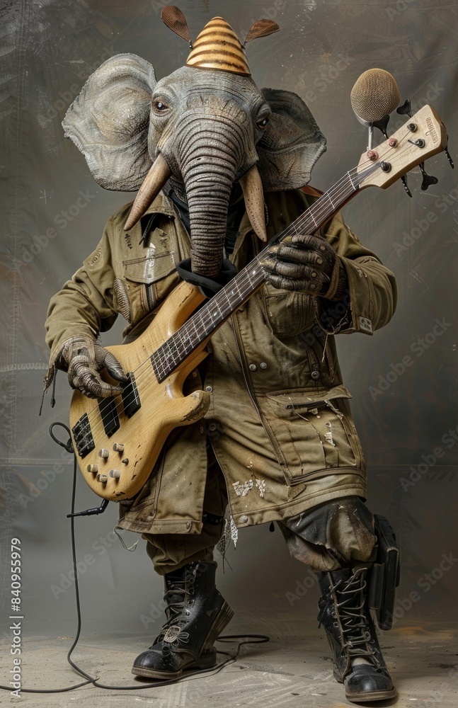 Obraz premium Elephant in suit playing electric guitar in dark background unique musical performance traveling through time and space