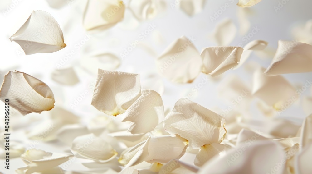 A large number of white flower petals scattered across the sky, rose A large number of white flower petals scattered across the sky, rose