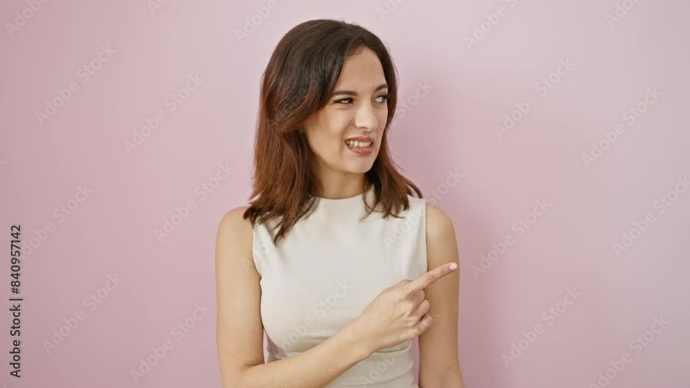 Worried young hispanic woman, beautiful and nervous, pointing aside. standing in a sleeveless t-shirt over isolated pink background. shocked expression, concern and surprise showing. Worried young hispanic woman, beautiful and nervous, pointing aside. standing in a sleeveless t-shirt over isolated pink background. shocked expression, concern and surprise showing.