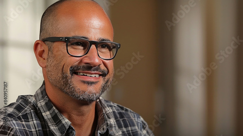 A man wearing glasses smiles while looking off-camera during an interview