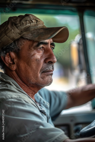 A close up portrait of a man wearing a cap, in the drivers seat of a truck. The image focuses on his face and upper body, showing a contemplative expression © sommersby
