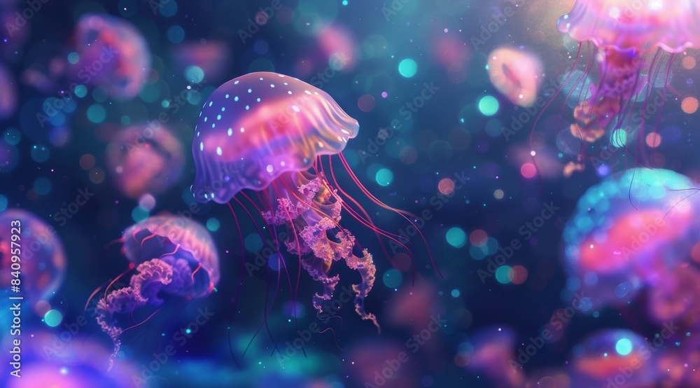 Fototapeta premium A group of jellyfish are floating in the water