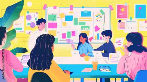 A group of five people are sitting around a table, working on a project. The image is bright and colorful, depicting a modern office environment