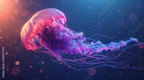 A jellyfish with purple and pink colors is floating in the water
