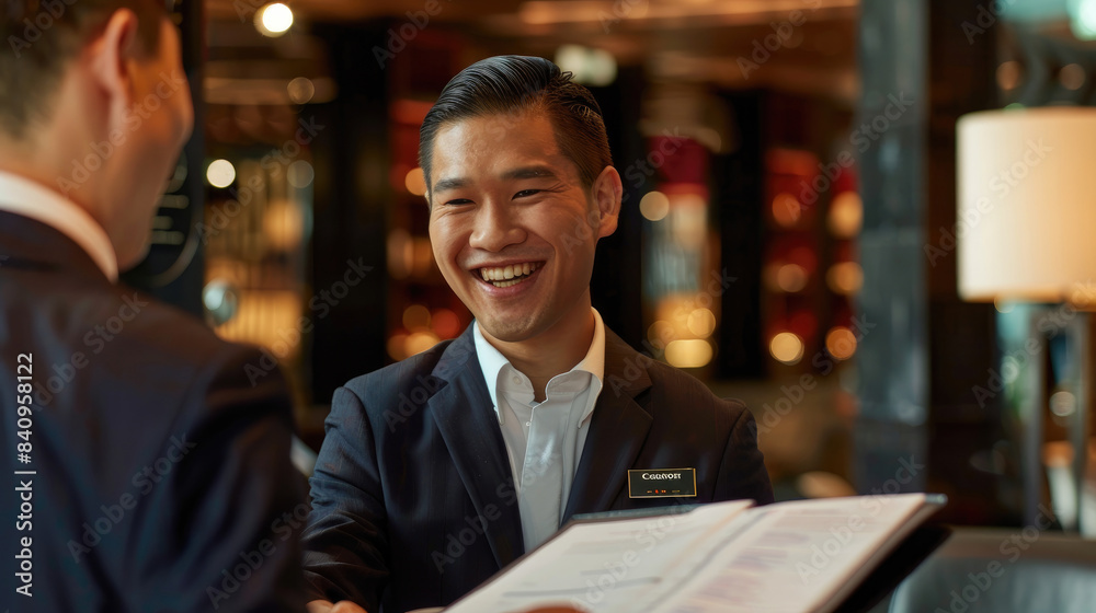 Hotel Receptionist Assisting Businessman for Checking In at Hotel on Tablet. Smiling female concierge standing at hotel reception and showing available rooms on digital tablet to guest. Hotel Receptionist Assisting Businessman for Checking In at Hotel on Tablet. Smiling female concierge standing at hotel reception and showing available rooms on digital tablet to guest.