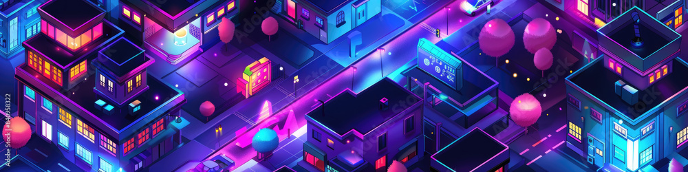 A digital illustration of a colorful and futuristic city scene at night, featuring illuminated buildings and floating balloons A digital illustration of a colorful and futuristic city scene at night, featuring illuminated buildings and floating balloons