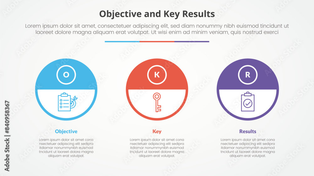OKR objectives and key results framework infographic concept for slide presentation with big outline circle and half header with 3 point list with flat style OKR objectives and key results framework infographic concept for slide presentation with big outline circle and half header with 3 point list with flat style