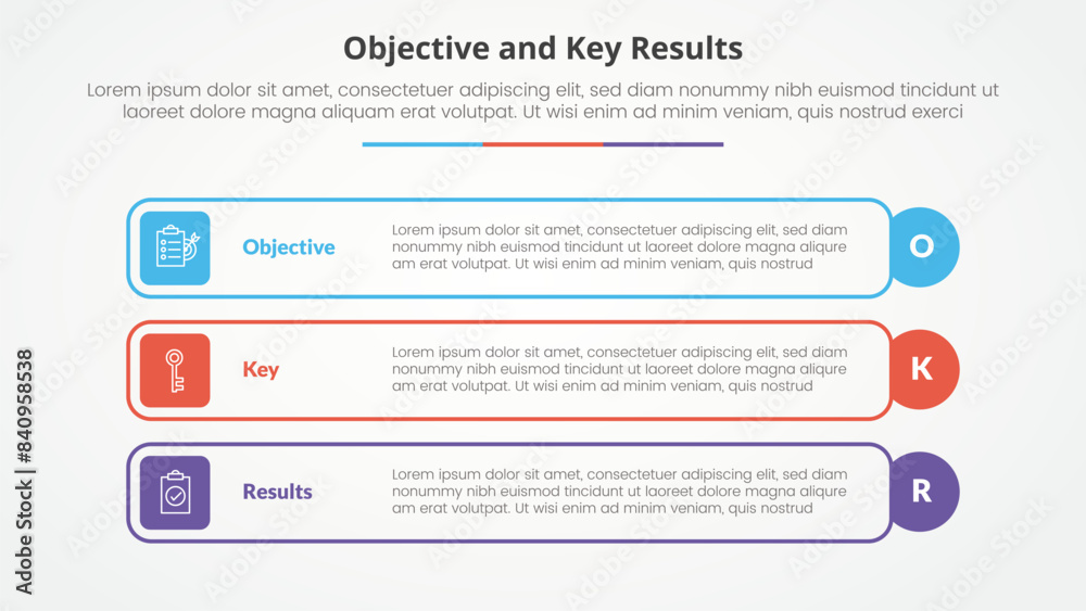 OKR objectives and key results framework infographic concept for slide presentation with outline rectangle box and circle edge with 3 point list with flat style OKR objectives and key results framework infographic concept for slide presentation with outline rectangle box and circle edge with 3 point list with flat style