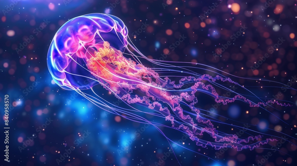 Fototapeta premium A jellyfish is floating in the sky with a blue background