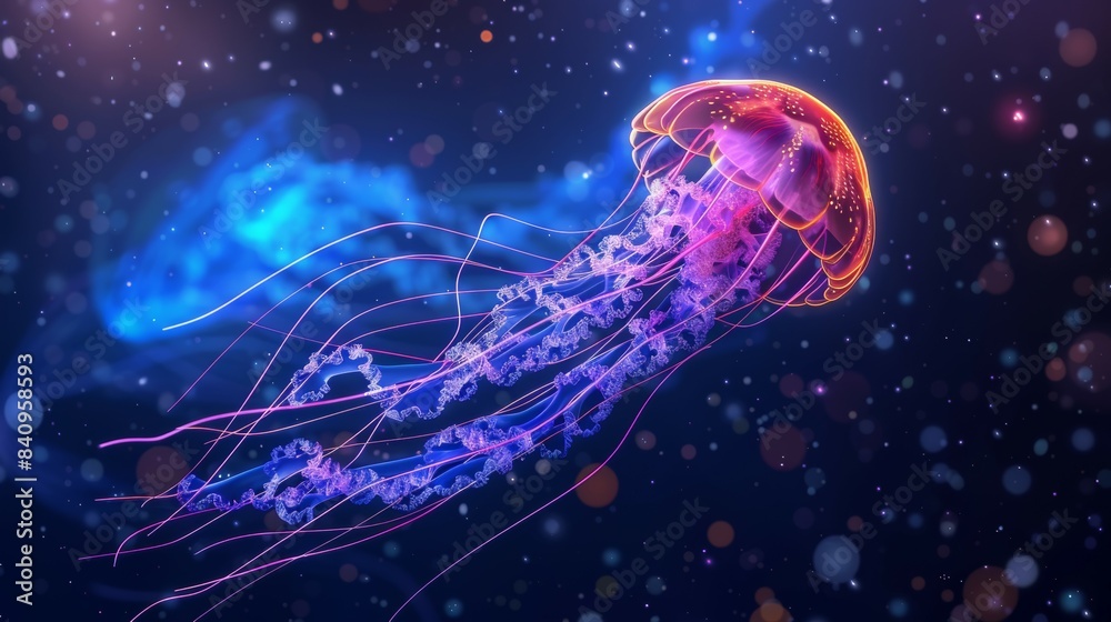 Obraz premium A jellyfish is floating in the water with a blue background