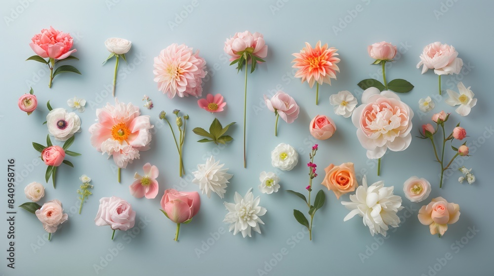 Flower pattern made of fresh spring flowers on pastel blue background. Top view, flat lay. Flower pattern made of fresh spring flowers on pastel blue background. Top view, flat lay.