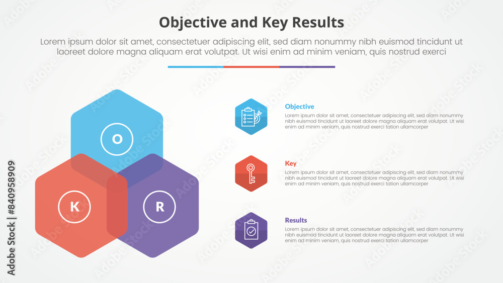 OKR objectives and key results framework infographic concept for slide presentation with with 3 point list with flat style