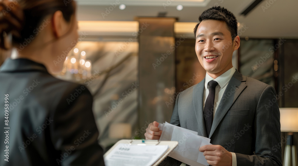 Hotel Receptionist Assisting Businessman for Checking In at Hotel on Tablet. Smiling female concierge standing at hotel reception and showing available rooms on digital tablet to guest. Hotel Receptionist Assisting Businessman for Checking In at Hotel on Tablet. Smiling female concierge standing at hotel reception and showing available rooms on digital tablet to guest.