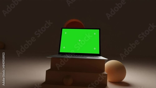 Laptop Animation 3D Render Blank With Green Screen Choram Key photo