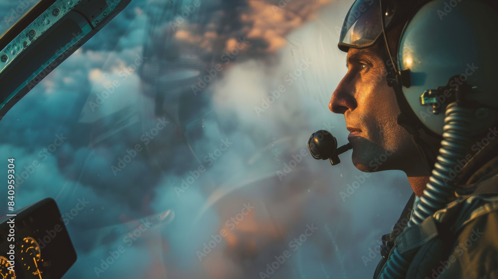 Pilot airborne above clouds, headset, aircraft cockpit window. Aviation, commercial, aviator. Pilot airborne above clouds, headset, aircraft cockpit window. Aviation, commercial, aviator.