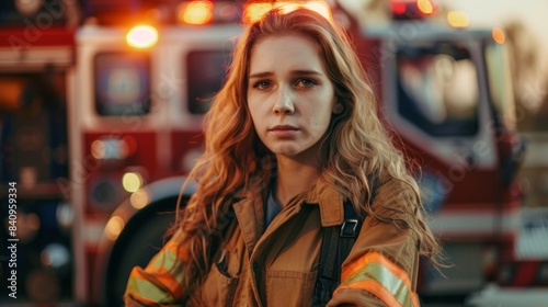 A woman in a fireman's uniform is standing in front of a fire truck © liliyabatyrova