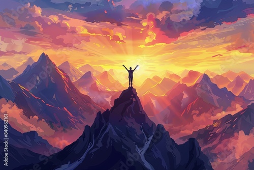 A lone figure stands triumphantly on a mountain peak, arms raised towards a breathtaking sunrise over a vast landscape. Generative AI