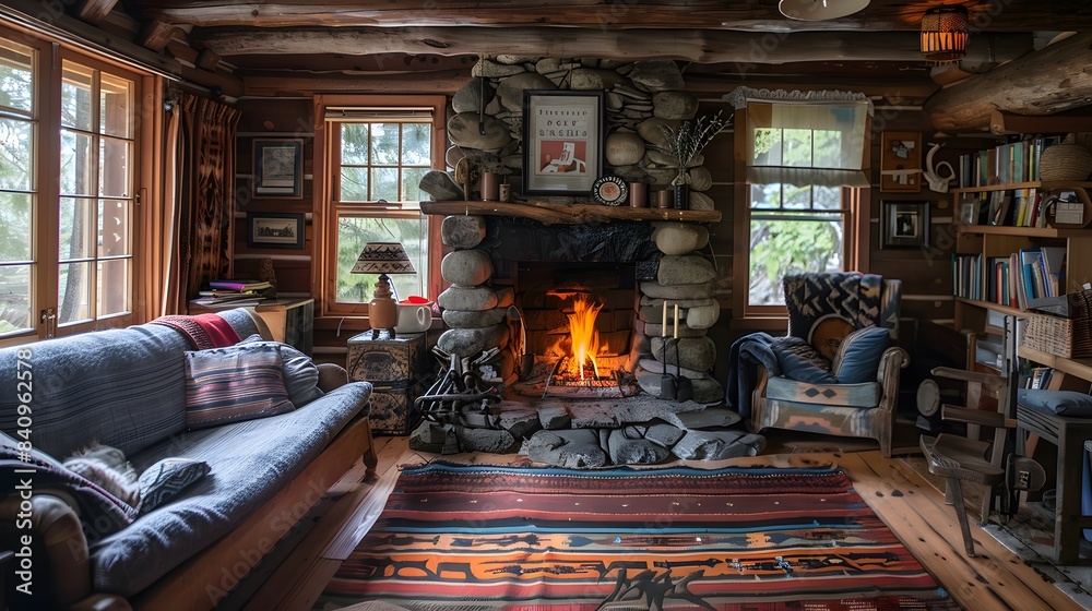 A cozy cabin interior with a crackling fireplace and rustic decor. A cozy cabin interior with a crackling fireplace and rustic decor.