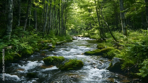 A serene forest stream winding through moss-covered rocks