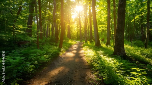 A serene forest trail winding through lush greenery and dappled sunlight