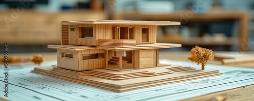 Architectural model house on construction plans