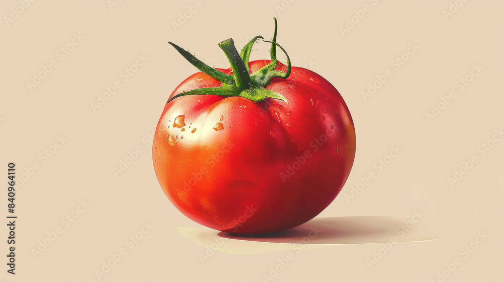 Close-up of a fresh, ripe tomato with water droplets on a light background, emphasizing freshness and natural beauty.