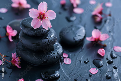 wet black spa stones with pink cherry blossoms, relaxation and luxury massage treatment still life