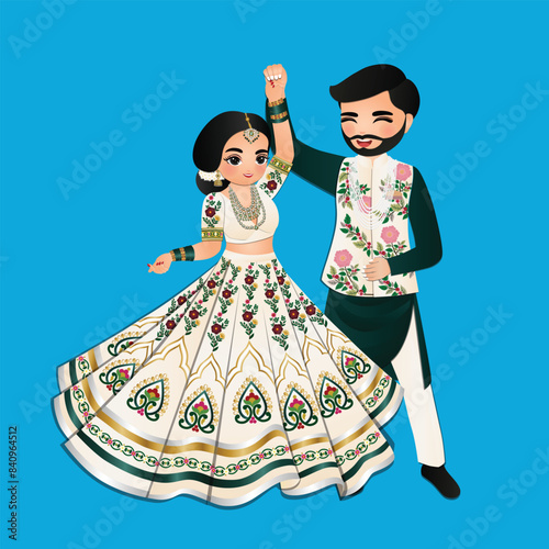  Wedding invitation card the bride and groom cute couple in traditional indian dress cartoon character