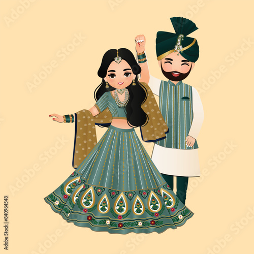  Wedding invitation card the bride and groom cute couple in traditional indian dress cartoon character